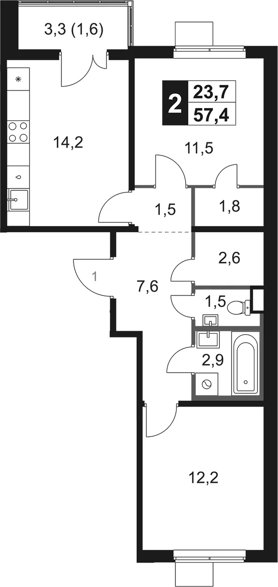 Планировка: 2-комнатная квартира 55,8 м² в ЖК «1-й Химкинский»