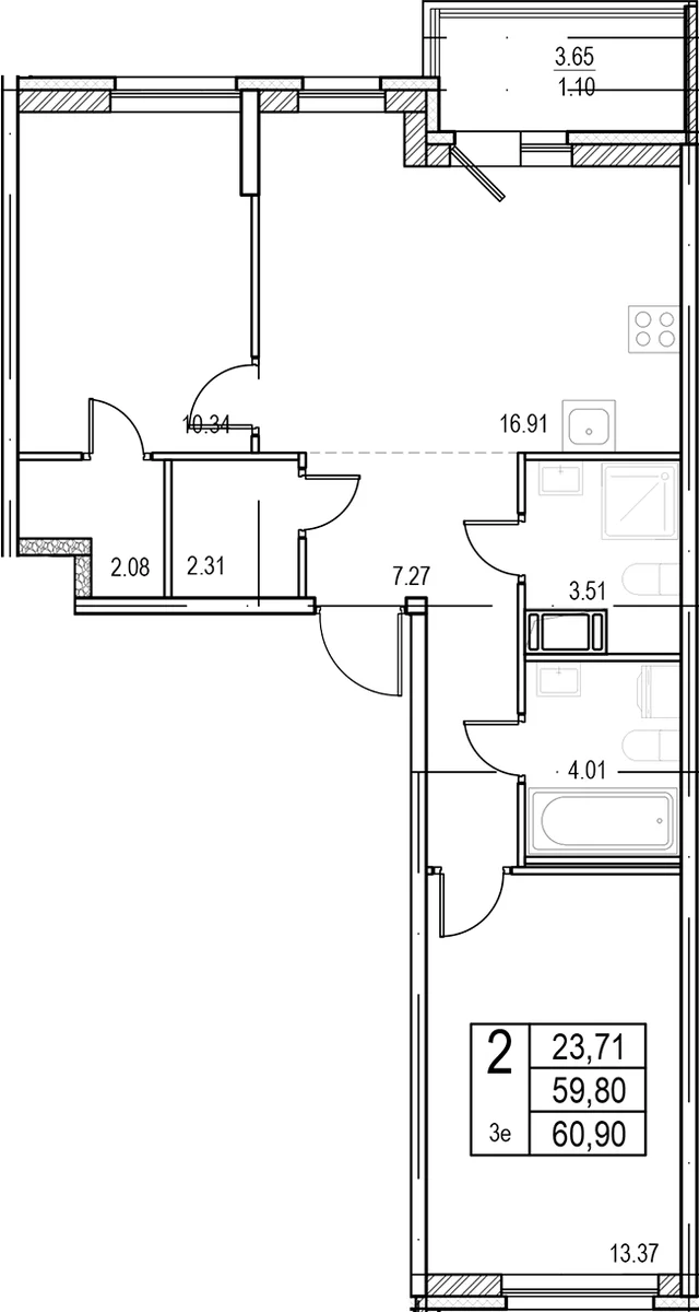 Планировка: Евротрёшка 59,8 м² в ЖК «ID Murino III»