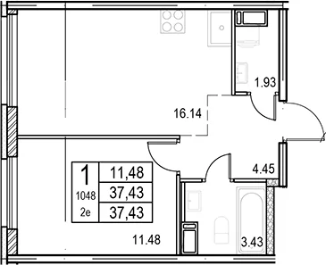 Планировка: Евродвушка 37,4 м² в ЖК «ID Murino III»