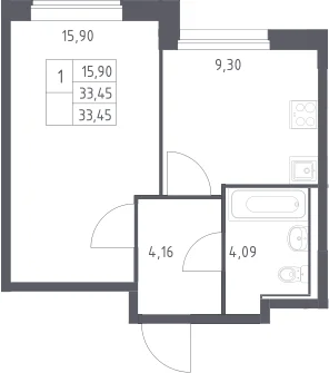 Планировка: 1-комнатная квартира 33,5 м² в ЖК «Прибрежный Парк»