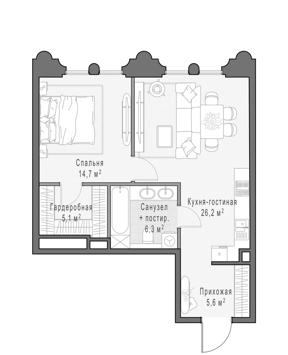 Планировка: Евродвушка 58,4 м² в ЖК «Клубный квартал Фрунзенский»