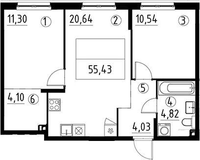 Планировка: Евротрёшка 55,4 м² в ЖК «А101 Лаголово»