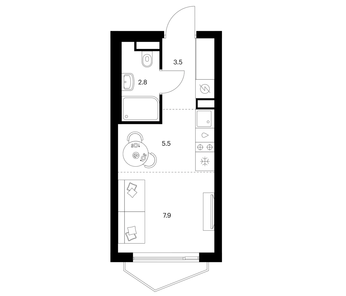 Планировка: Студия 19,7 м² в ЖК «Мичуринский парк»