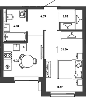 Планировка: 1-комнатная квартира 35,4 м² в ЖК «Страна.Парковая»