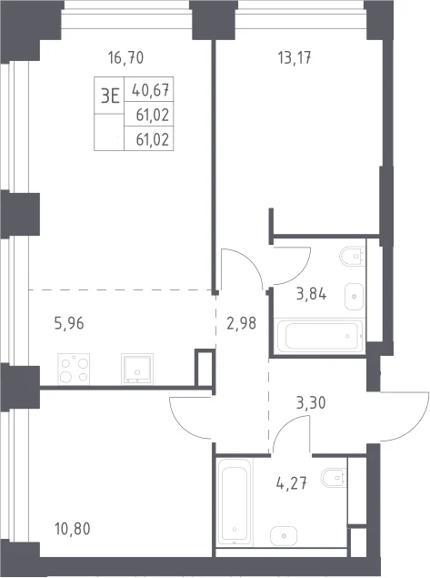 Планировка: Евротрёшка 61 м² в ЖК «НОВА»