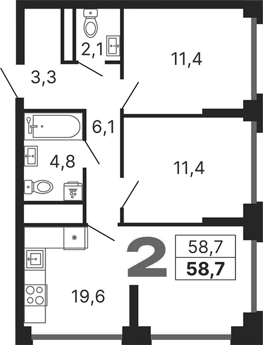 Планировка: 2-комнатная квартира 58,7 м² в ЖК «Бестселлер»