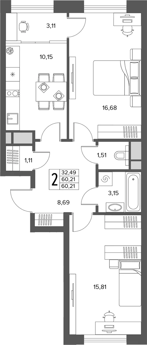 Планировка: 2-комнатная квартира 60,2 м² в ЖК «Городской бор»