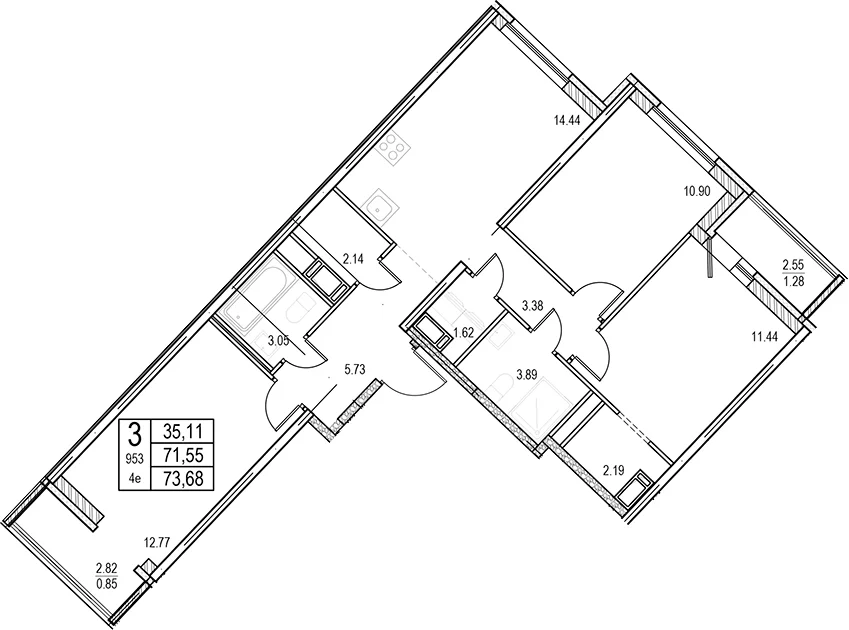 Планировка: Квартира евро-4 71,6 м² в ЖК «ID Murino III»