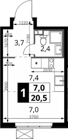 Планировка: Студия 20,5 м² в ЖК «1-й Южный»