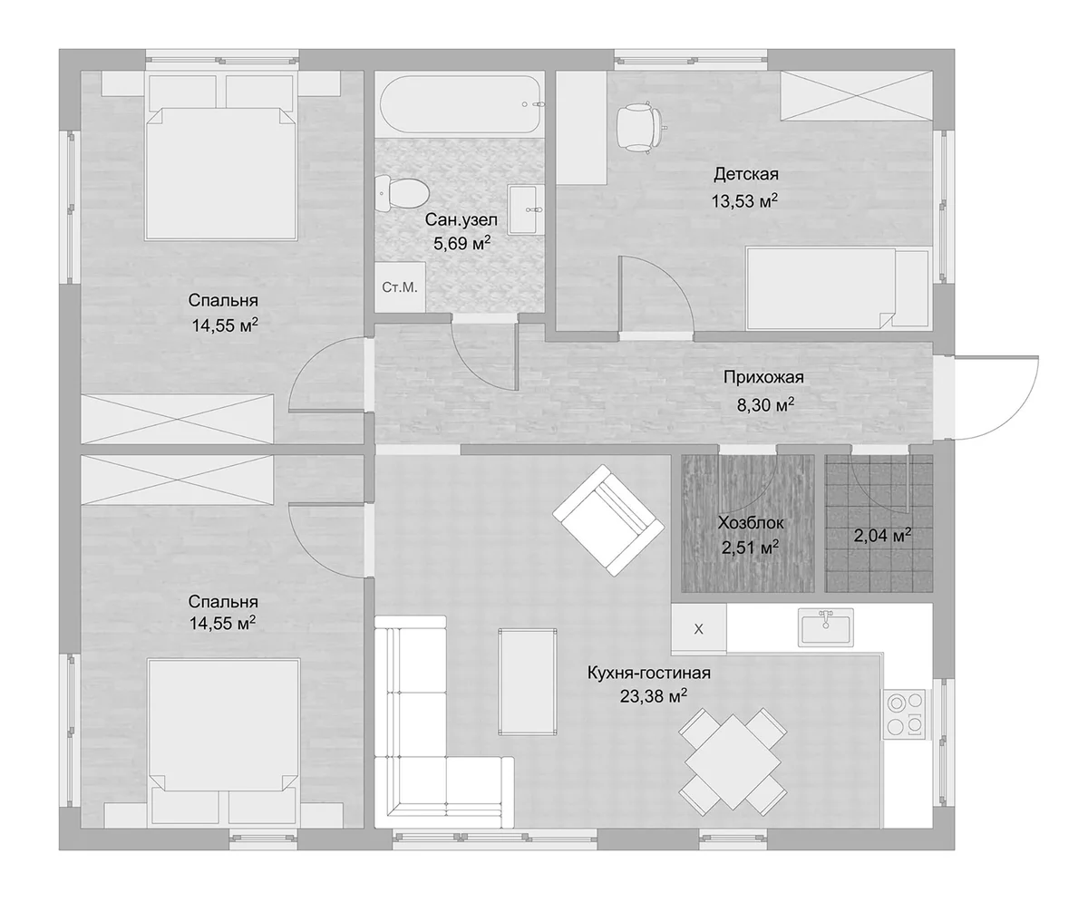 Планировка: Коттедж 90 м² в ЖК «Коттеджный поселок Невелички»