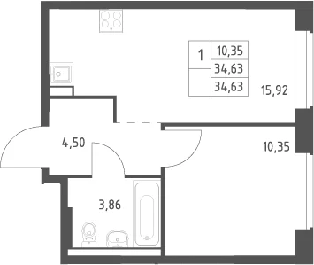 Планировка: Евродвушка 34,6 м² в ЖК «Большое Юрлово»