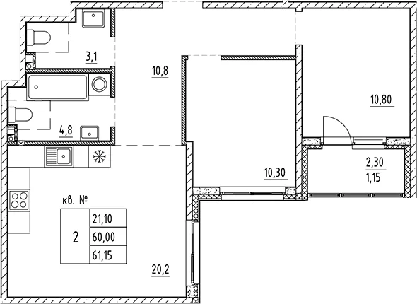 Планировка: Евротрёшка 60 м² в ЖК «Плюс Пулковский»