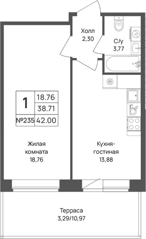 Планировка: 1-комнатная квартира 38,7 м² в ЖК «Капральский берег»