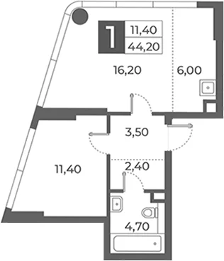 Планировка: 1-комнатная квартира 44,2 м² в ЖК «Даниловский от Гранель»