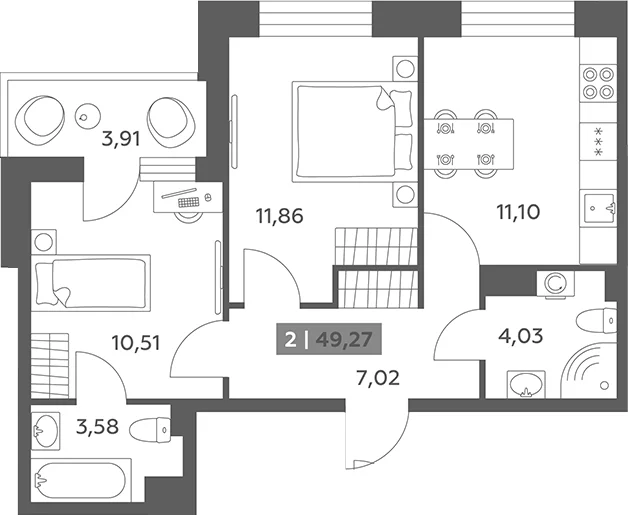 Планировка: 2-комнатная квартира 48,1 м² в ЖК «Аквилон РекаПарк»