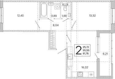 Планировка: 2-комнатная квартира 55,6 м² в ЖК «ЮгТаун. Олимпийские кварталы»