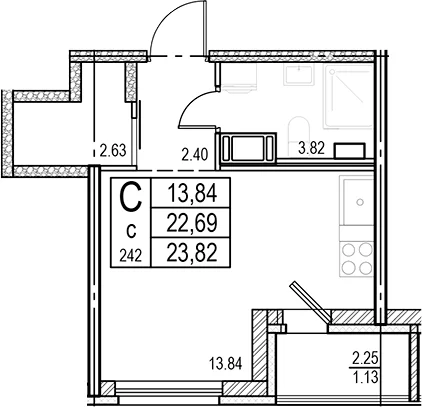 Планировка: Студия 22,7 м² в ЖК «ID Murino III»