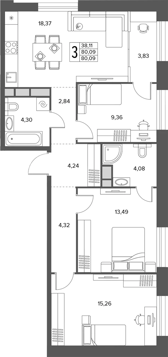 Планировка: Квартира евро-4 80,1 м² в ЖК «Городской бор»