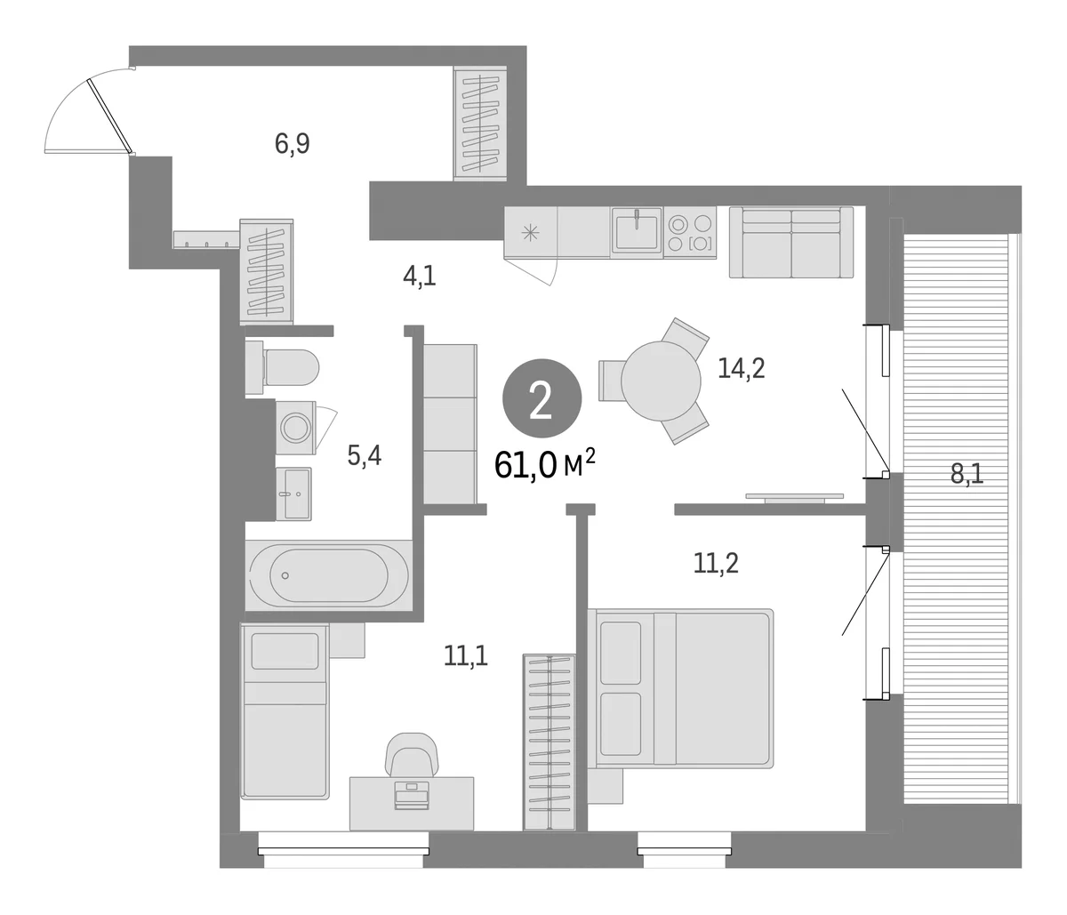 Планировка: 2-комнатная квартира 52,9 м² в ЖК «Северный ветер»