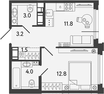 Планировка: 1-комнатная квартира 36,3 м² в ЖК «Гений»