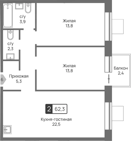 Планировка: Евротрёшка 61,6 м² в ЖК «Отрада 3»