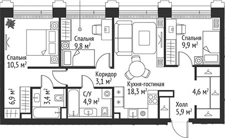 Планировка: Квартира евро-4 77,3 м² в ЖК «СЕТ»