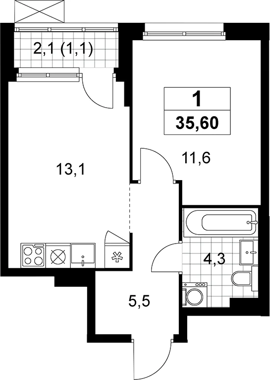 Планировка: 1-комнатная квартира 34,5 м² в ЖК «Прокшино»