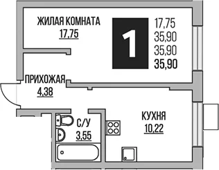 Планировка: 1-комнатная квартира 35,9 м² в ЖК «Гранель Живописный»