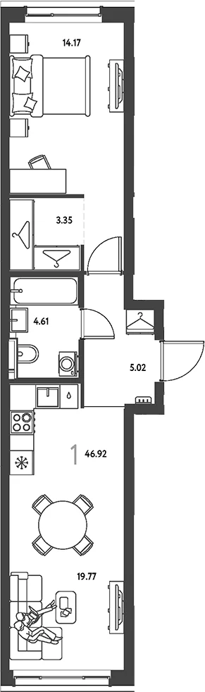 Планировка: 1-комнатная квартира 46,9 м² в ЖК «Страна.Парковая»