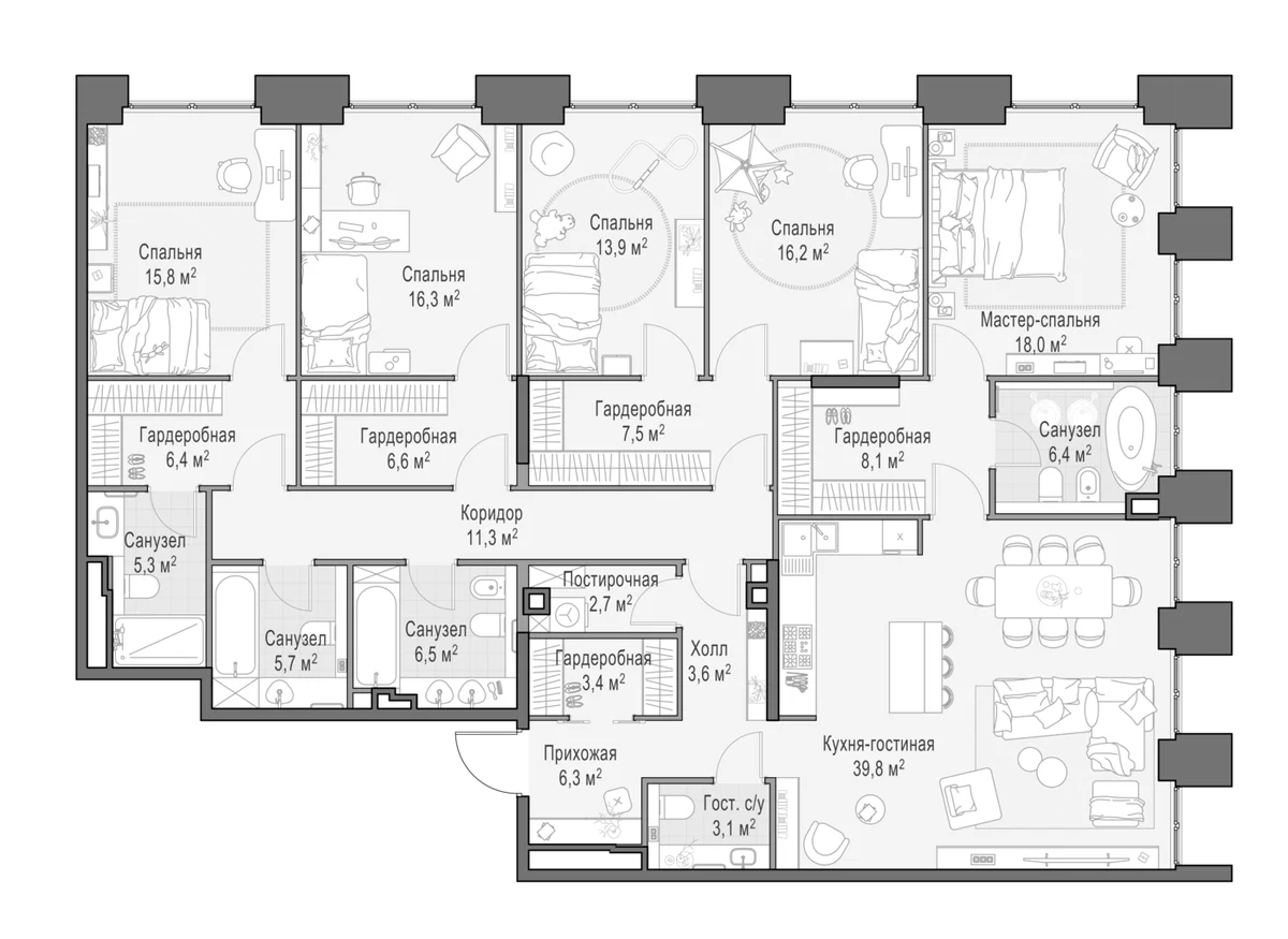 Планировка: 5-комнатная квартира 204,7 м² в ЖК «Квартал Life Time»