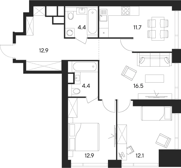 Планировка: 3-комнатная квартира 74,9 м² в ЖК «Инди Тауэрз от Аквилон»