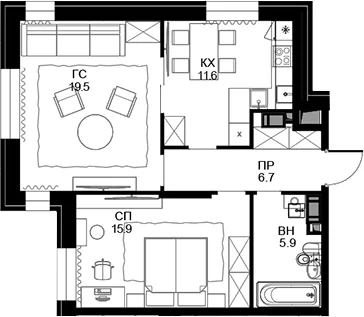 Планировка: 2-комнатная квартира 59,6 м² в ЖК «Театральный квартал»
