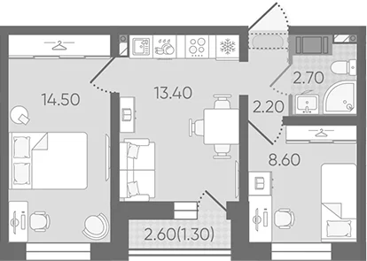 Планировка: 2-комнатная квартира 41,5 м² в ЖК «Цветной город»