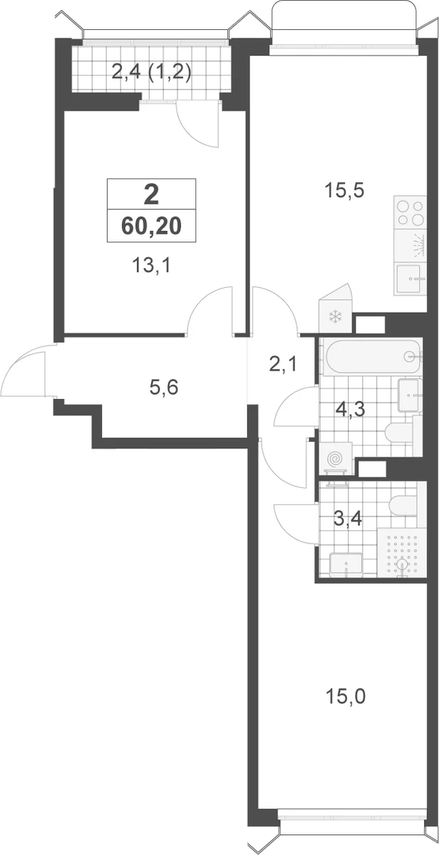 Планировка: 2-комнатная квартира 59 м² в ЖК «Деснаречье»