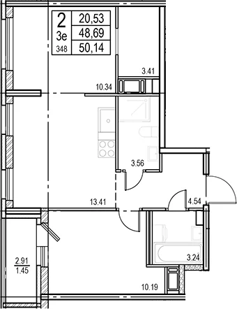 Планировка: Евротрёшка 48,7 м² в ЖК «ID Murino III»