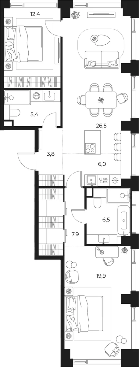 Планировка: Евротрёшка 88,4 м² в ЖК «МАСТЕРС»