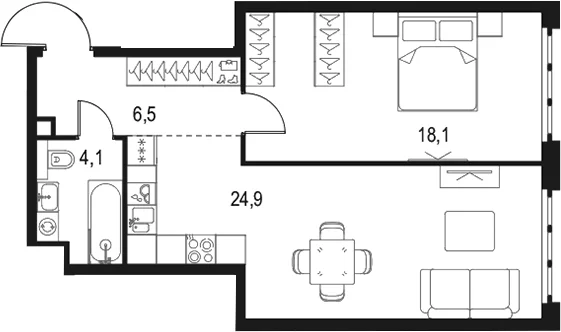 Планировка: 1-комнатная квартира 53,6 м² в ЖК «Левел Южнопортовая»