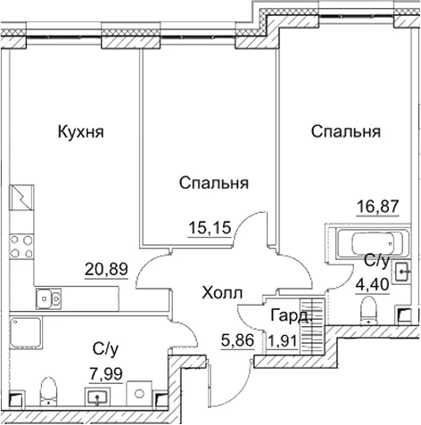 Планировка: Евротрёшка 73,1 м² в ЖК «СЕЗАР СИТИ»