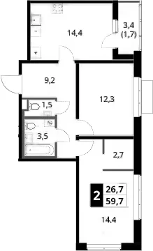 Планировка: 2-комнатная квартира 58 м² в ЖК «1-й Ясеневский»