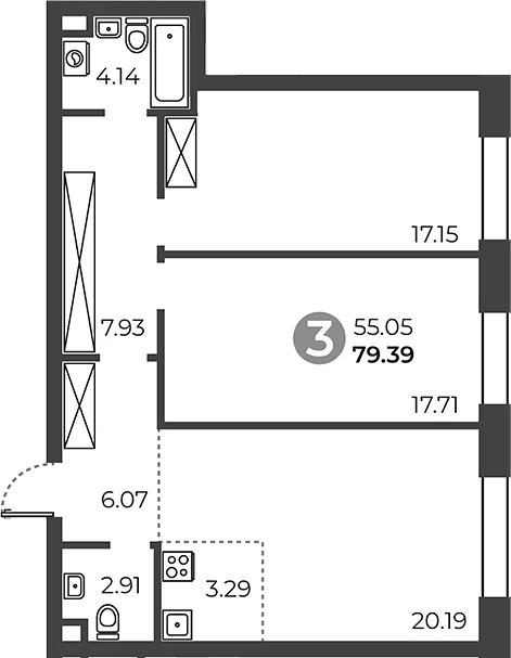 Планировка: 2-комнатная квартира 79,4 м² в ЖК «Павелецкая от Гранель»