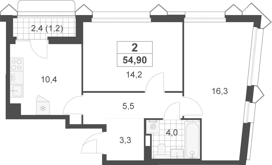 Планировка: 2-комнатная квартира 53,7 м² в ЖК «Деснаречье»