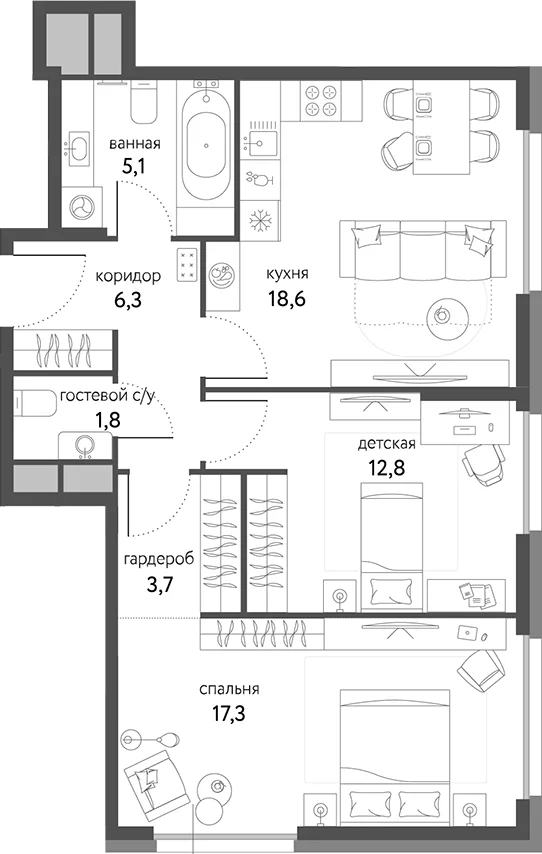 Планировка: 2-комнатная квартира 65,6 м² в ЖК «Сиреневый парк»