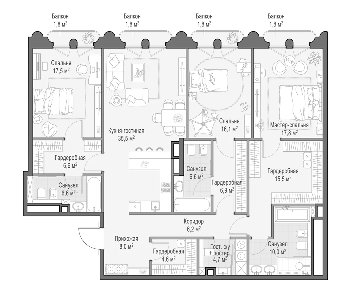 Планировка: Квартира евро-4 166,7 м² в ЖК «Клубный квартал Фрунзенский»
