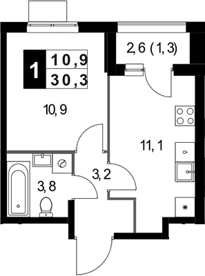 Планировка: 1-комнатная квартира 29 м² в ЖК «1-й Измайловский»