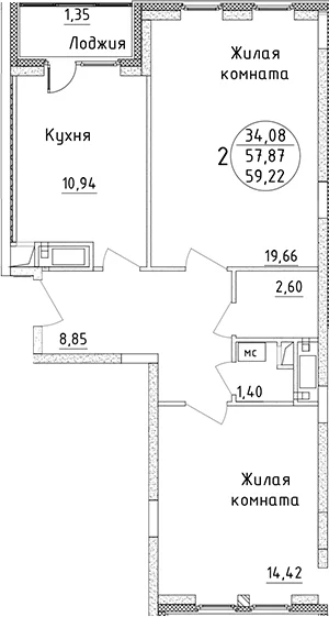 Планировка: 2-комнатная квартира 57,9 м² в ЖК «Дом Союзов»