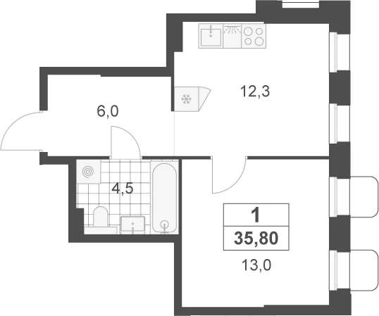 Планировка: 1-комнатная квартира 35,8 м² в ЖК «Деснаречье»