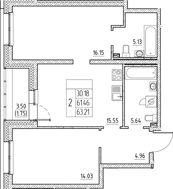 Планировка: Евротрёшка 61,5 м² в ЖК «Сезоны»