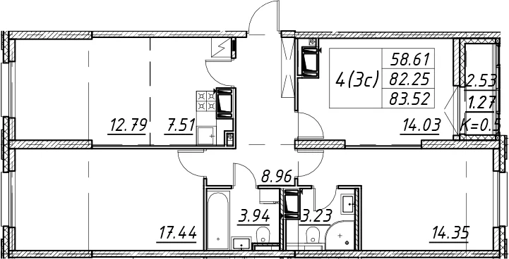 Планировка: Квартира евро-4 82,3 м² в ЖК «Цивилизация на Неве»