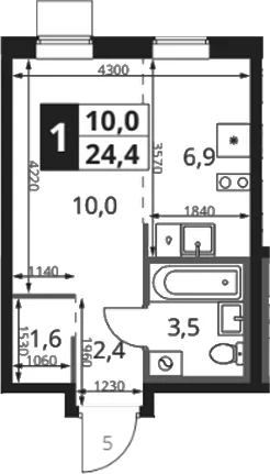 Планировка: Студия 25,1 м² в ЖК «1-й Ясеневский»