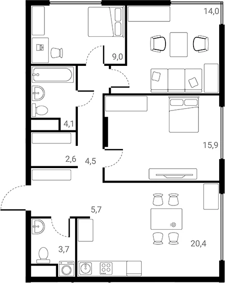 Планировка: 3-комнатная квартира 79,9 м² в ЖК «Лесная Коллекция»